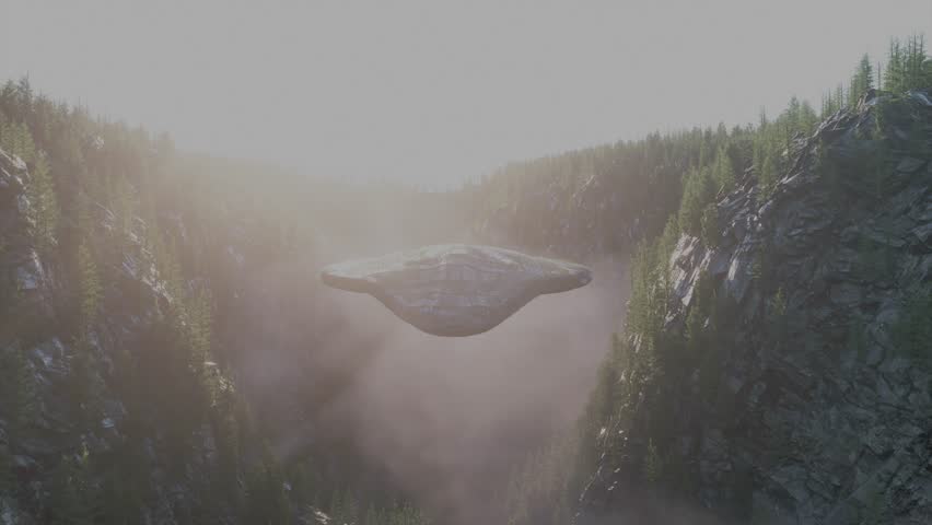 An alien spaceship is flying through the mountains at sunset | Shutterstock HD Video #1104275247