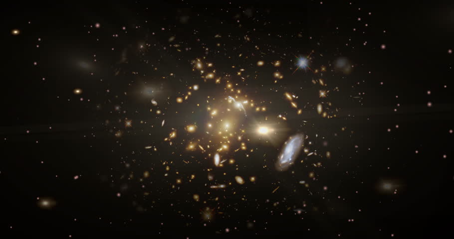 Wide-field view of Light-Bending galaxy cluster in the constellation of Draco. Fly towards the vast galaxies surrounding the cluster and a handful of foreground stars. | Shutterstock HD Video #1104277163