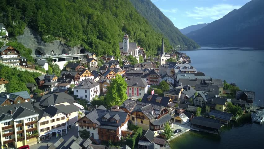 Detail drone shot of Hallstatt in Austria