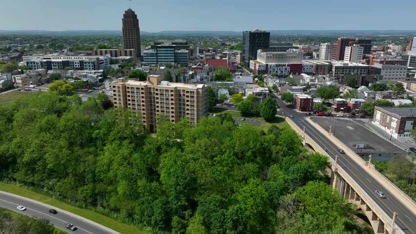 Allentown PA skyline. Aerial over 8th Street bridge. Truck shot.