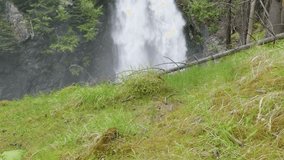 Video with a beautiful waterfall in green spring forest in the dolomites in italy in spring