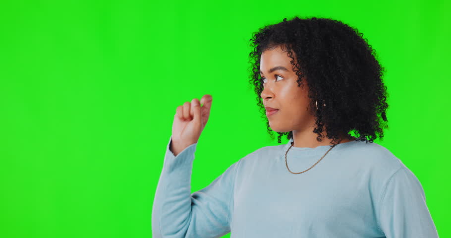 Woman, pointing finger and green screen for advertising space, announcement or promotion. Face and hands of african female person on studio background for mockup, sale and deal or choice list | Shutterstock HD Video #1104290701