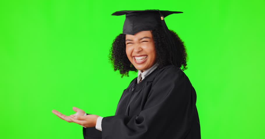 Woman, portrait and graduate green studio background with showing hands with welcome and joy in africa. Female student, information and graduating presenting hand with product for at university. | Shutterstock HD Video #1104290717