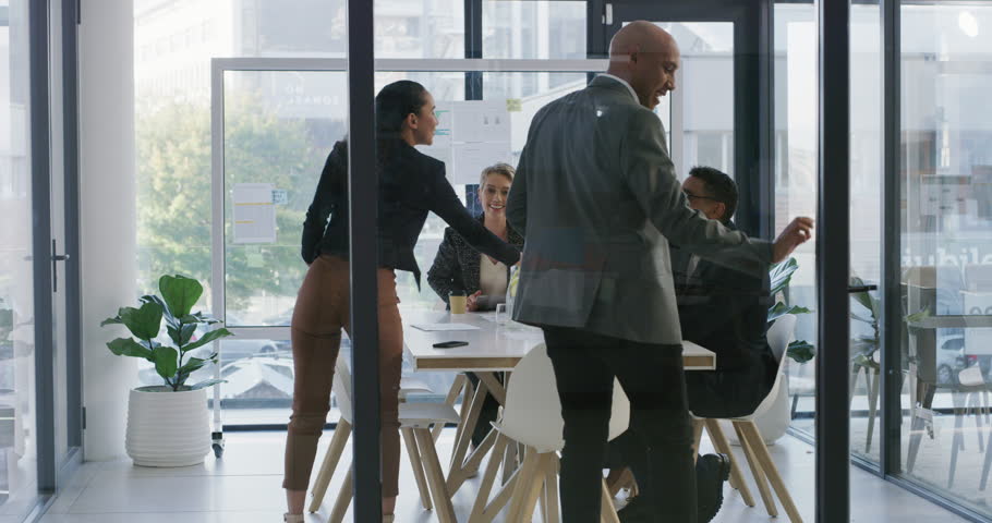 Hand shake, planning and deal with business people in meeting for welcome, collaboration and teamwork. Partnership, corporate and networking with employees for contract, agreement and thank you | Shutterstock HD Video #1104291305