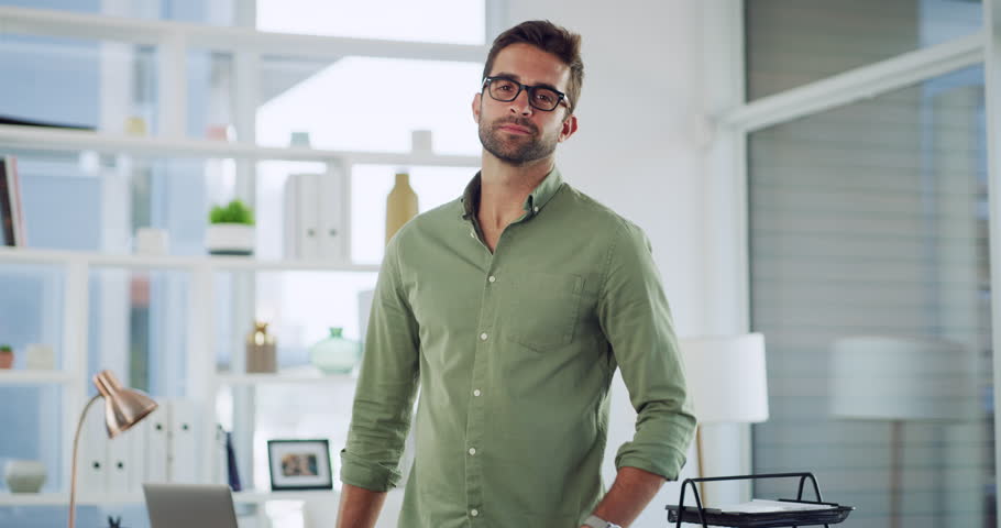 Happy, arms crossed and face of business man in office for professional, confident or smile. Happiness, pride and designer with portrait of employee in startup for creative, career or entrepreneur Royalty-Free Stock Footage #1104291323