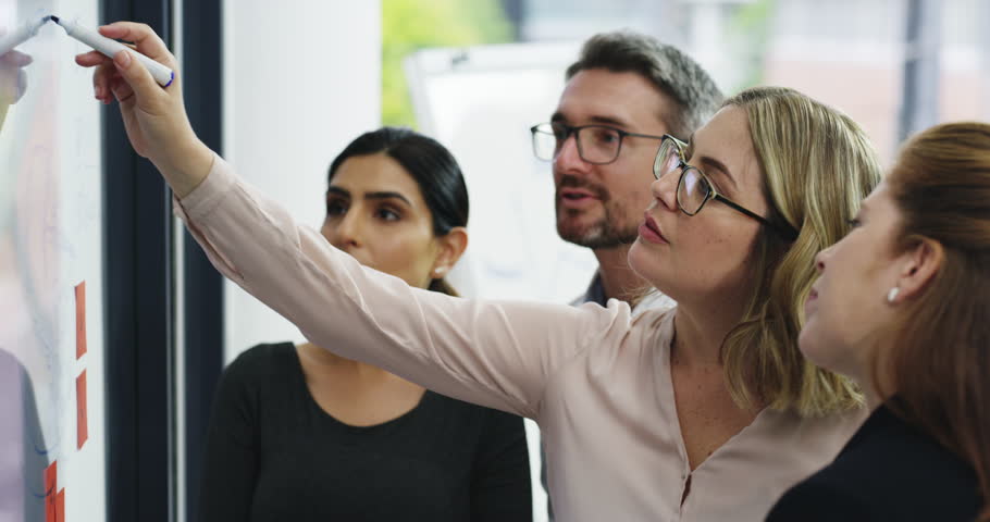 Planning, whiteboard and business people brainstorming in the office for a corporate project. Collaboration, teamwork and group of professional employees working on a strategy in meeting in workplace Royalty-Free Stock Footage #1104291493