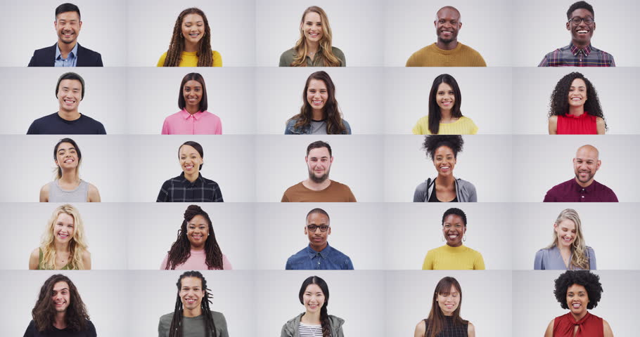 People with speech bubble, collage and social media advertising with communication on white background. Online branding, composite of men and women with signage, marketing and news announcement