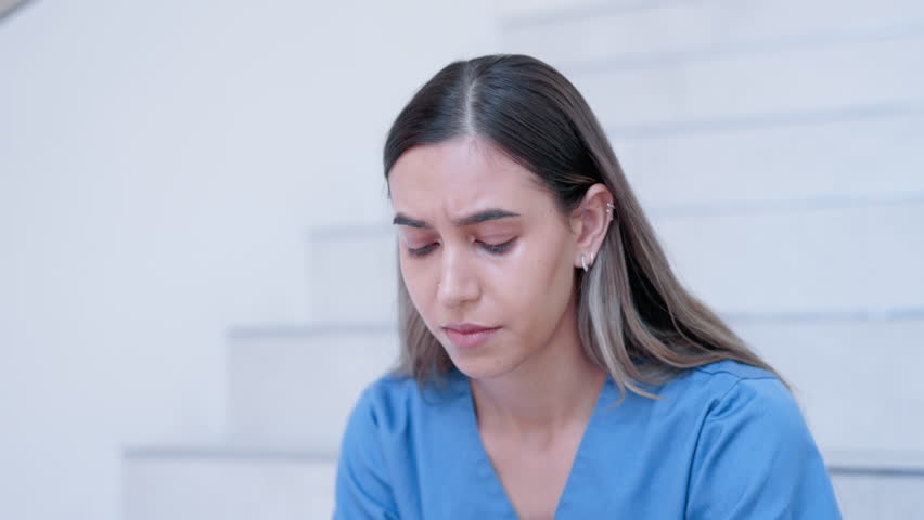 Healthcare, woman and doctor with stress, stairs and overworked with depression, mistake and burnout. Female worker, person and medical professional on steps, mental health and anxiety in hospital Royalty-Free Stock Footage #1104291767
