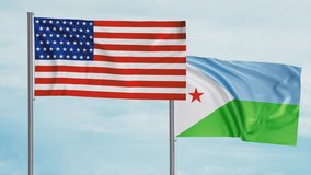 Djibouti flag and United States of America USA flag waving together in the wind on blue sky, cycle looped video, two country cooperation concept