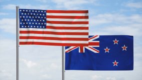New Zealand flag and United States of America USA flag waving together in the wind on blue sky, cycle looped video, two country cooperation concept