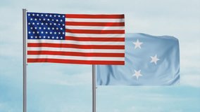 Micronesia flag and United States of America USA flag waving together in the wind on blue sky, cycle looped video, two country cooperation concept