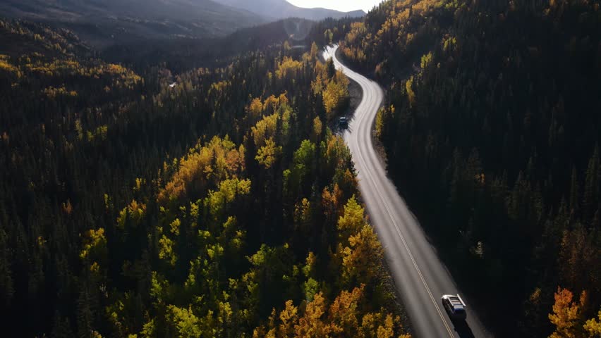 aerial view of road in autumn in alaska