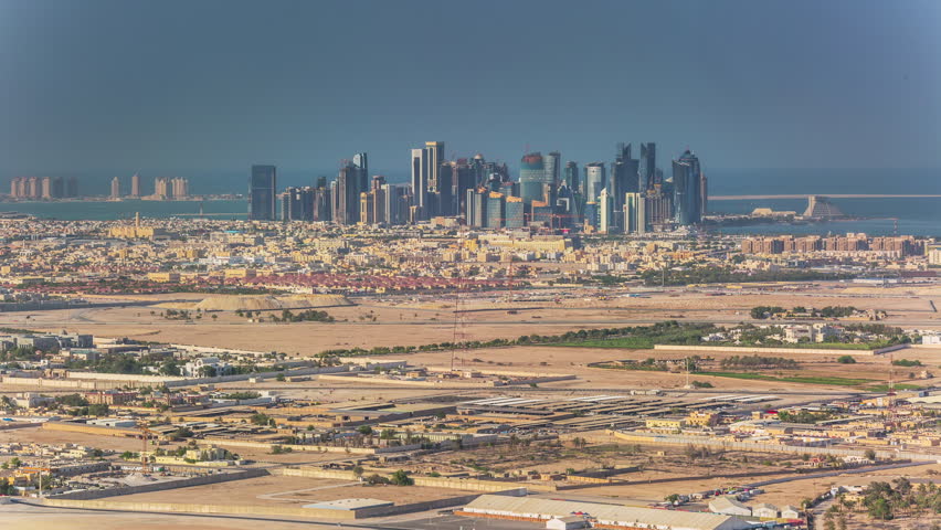 Doha skyline downtown skycreapers timelapse video from rooftop Qatar, Middle East