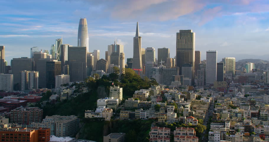 Great Aerial view of San Francisco Skyscrapers. City skyline. California, United States. Shot in 8K.