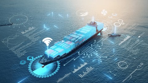 AI technology Futuristic Technology Autonomous. Global Logistics international delivery concept,  logistic and supply chain network distribution container Ship running for export import to customs  Vídeo Stock