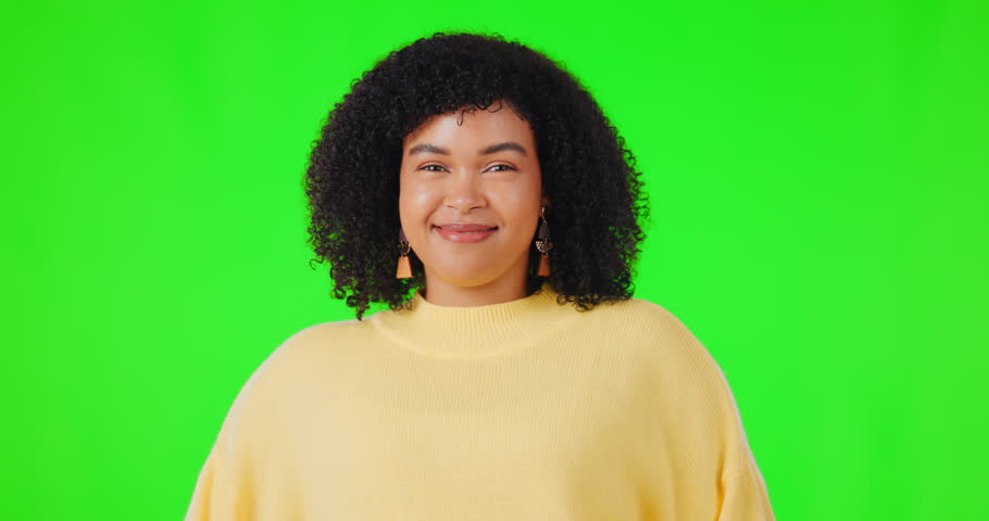 Woman, laughing portrait and face on a green screen with happiness and funny humor. Happy african female person laugh for comic joke, positive mindset and meme or motivation on a studio background Royalty-Free Stock Footage #1104306319