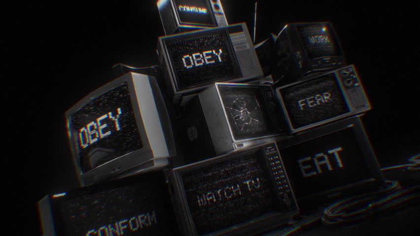 A stack of old TV’s displaying subliminal messages and signal noise. Royalty-Free Stock Footage #1104310805