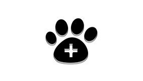 Black Veterinary clinic symbol icon isolated on white background. Cross hospital sign. A stylized paw print dog or cat. Pet First Aid sign. 4K Video motion graphic animation.