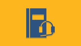 Blue Audio book icon isolated on orange background. Book with headphones. Audio guide sign. Online learning concept. 4K Video motion graphic animation.
