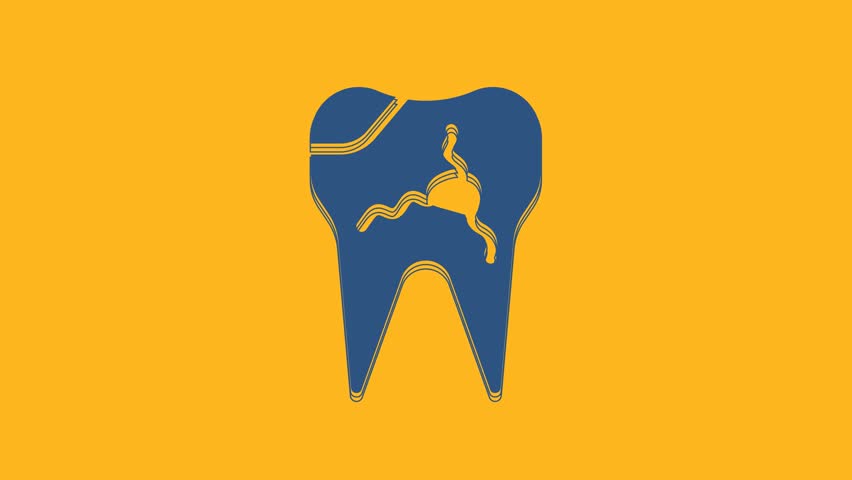 Blue Broken tooth icon isolated on orange background. Dental problem icon. Dental care symbol. 4K Video motion graphic animation.