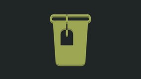 Green Cup with tea bag icon isolated on black background. 4K Video motion graphic animation.