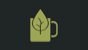 Green Cup of tea with leaf icon isolated on black background. Sweet natural food. 4K Video motion graphic animation.