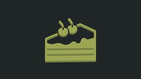 Green Piece of cake icon isolated on black background. Happy Birthday. 4K Video motion graphic animation.