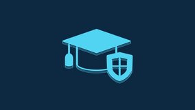 Blue Graduation cap with shield icon isolated on blue background. Insurance concept. Security, safety, protection, protect concept. 4K Video motion graphic animation.