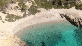 Aerial footage video  of  Cala Millor beach in the island of Majorca. Summer, beach, holiday, resort and vacation scene.