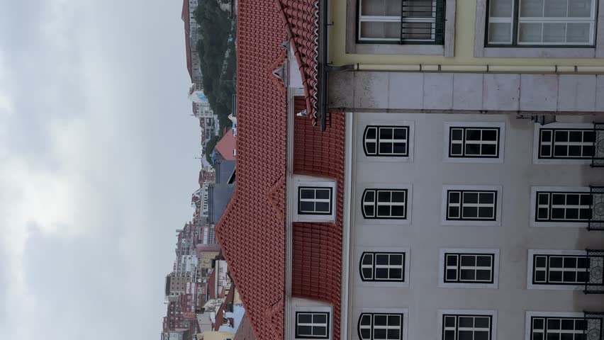 Panoramic view from Rossio Train Station tracking segull flying from one roof to another in Lisbon, Portugal. Vertical video