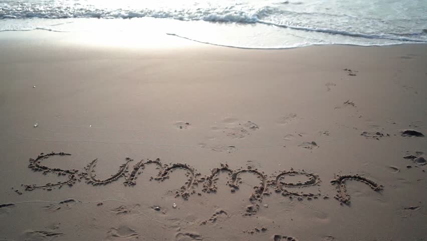 Inscription summer on the seashore. drawings in sand against background of waves on sunny summer day at resort. People play in sand on sunny summer day at sea coast. love and shore travel concept | Shutterstock HD Video #1104319817