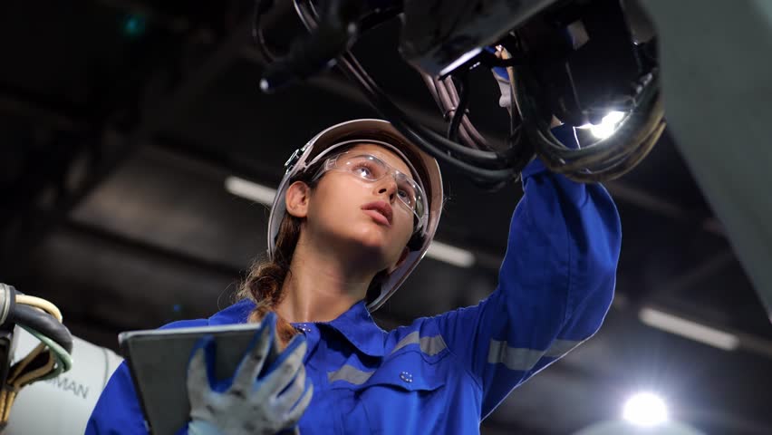 video slow motion, Caucasian female engineer wearing safety uniform working use tablet Online information, monitor machine operation, check maintenance to make a machine work efficiently and safely.