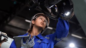 video slow motion, Caucasian female engineer wearing safety uniform working use tablet Online information, monitor machine operation, check maintenance to make a machine work efficiently and safely. - Powered by Shutterstock - Get 15% off with code: PIKWIZARD15
