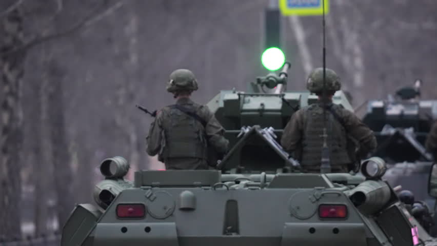 Lot military armored tanks BTR 82 A close up. Cold war concept. 9 may victory parade. Male tanker drive armed vehicle. Russian invasion. Russia Ukraine conflict. Tank crew soldier. Army forces weapon.