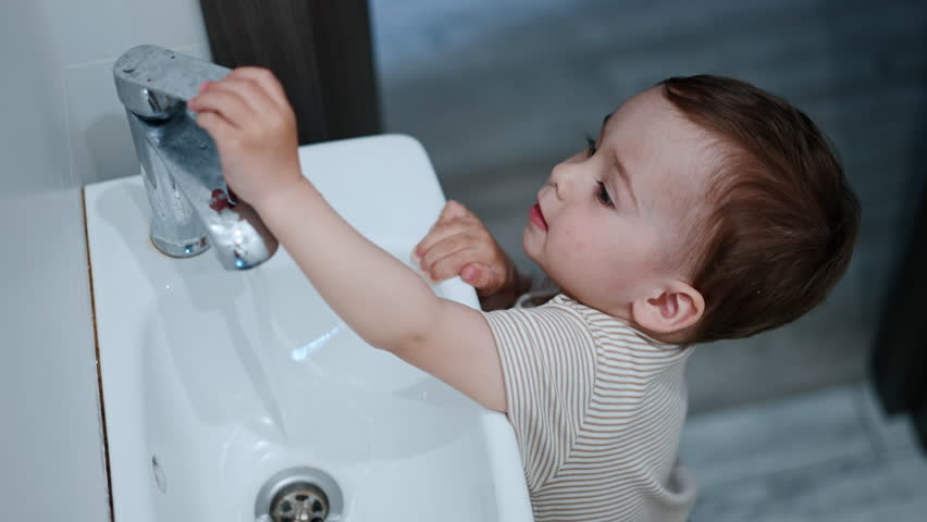Smiling toddler playing with a sink tap. Little baby opens and closes the faucet and watches the water flow. High angle view. Royalty-Free Stock Footage #1104328799