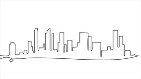 Animation in continuous line style. Single line moving panorama with cityscape, tall skyscrapers and buildings. Landscape with urban architecture. Linear graphic animated cartoon on white background