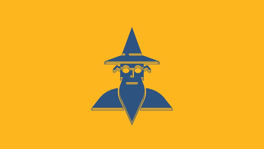 Blue Wizard warlock icon isolated on orange background. 4K Video motion graphic animation.