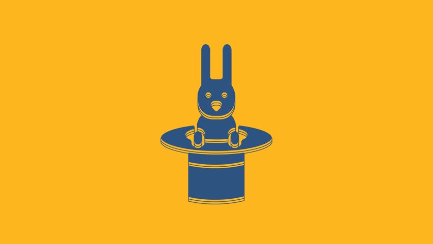 Blue Magician hat and rabbit icon isolated on orange background. Magic trick. Mystery entertainment concept. 4K Video motion graphic animation.