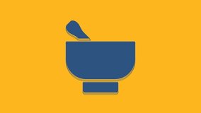 Blue Magic mortar and pestle icon isolated on orange background. 4K Video motion graphic animation.