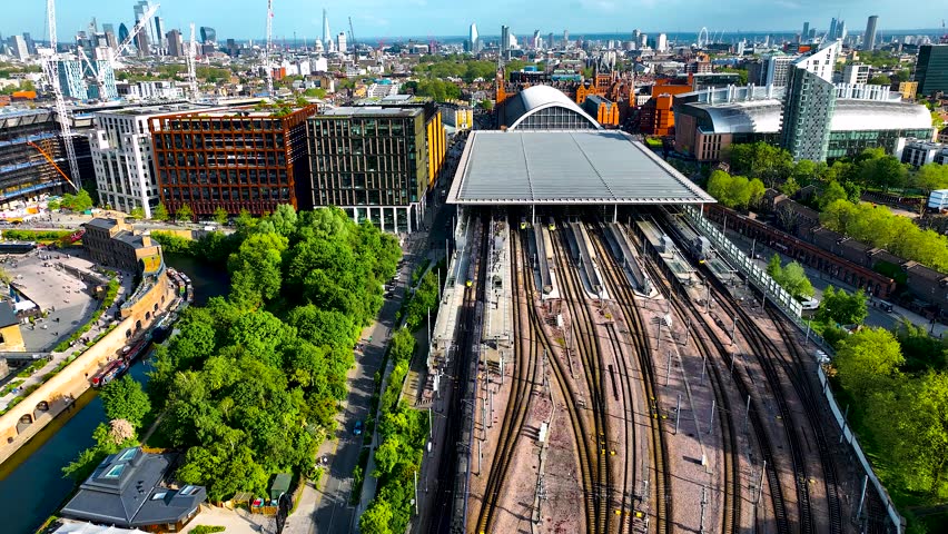Aerial view of St Pancras and Kings Cross train stations in London Royalty-Free Stock Footage #1104346867