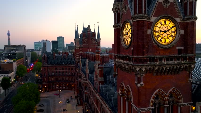 Aerial view of St Pancras and Kings Cross train stations in London Royalty-Free Stock Footage #1104346869