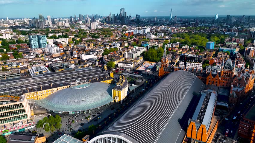 Aerial view of St Pancras and Kings Cross train stations in London, England Royalty-Free Stock Footage #1104346897