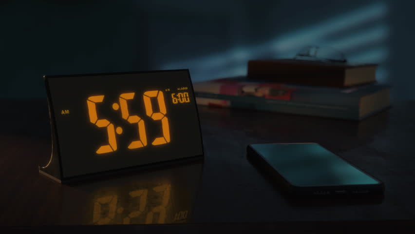 Digital alarm clock with orange clockface and the smartphone waking up at 6 AM. The numbers on the clock screen changes from 5:59 no 6:00 AM. And the alarm goes off on the phone. Close up view. Royalty-Free Stock Footage #1104348099