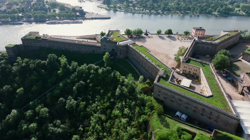 Aerial Drone Shot of Ehrenbreitstein Fortress on the river rhine in Koblenz in a day, Rheinland-Pfalz, Germany Royalty-Free Stock Footage #1104349543