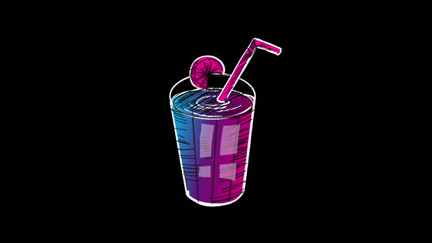 Animated Hand Drawn Fresh Juice Cup Isolated on Black Background Sea or Summer Vacation Creative 4k Design Element Glowing Neon Style Gradient Juice with Straw and Lemon Slice Hand Drawn Element. | Shutterstock HD Video #1104351445