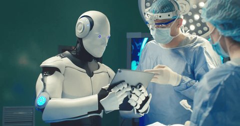 Robot holding digital tablet helps doctor to perform surgical operation in modern hospital. Teamwork of professional medical surgeons in operating room. Modern medicine. Artificial intelligence, AI स्टॉक व्हिडिओ