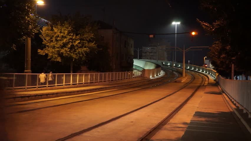 City tram rides in the evening in Jerusalem
