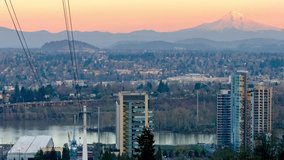 Portland's Majestic Skyline: Aerial Tram, Mt Hood, and Willamette River at Dusk in 4K - Witness the Breathtaking Beauty of the City