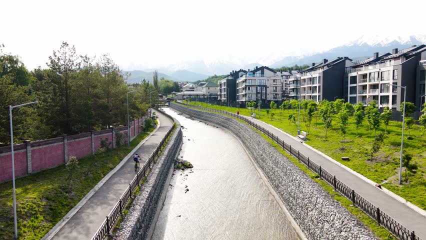 Aerial view panorama of river and mountains in Almaty
