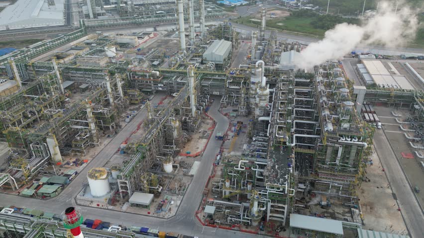 Aerial view of a petrol chemical processing plant and storage facilities. Manufacturing of petrochemical industrial or Oil and gas refinery plant with sunset sky in Long Son 